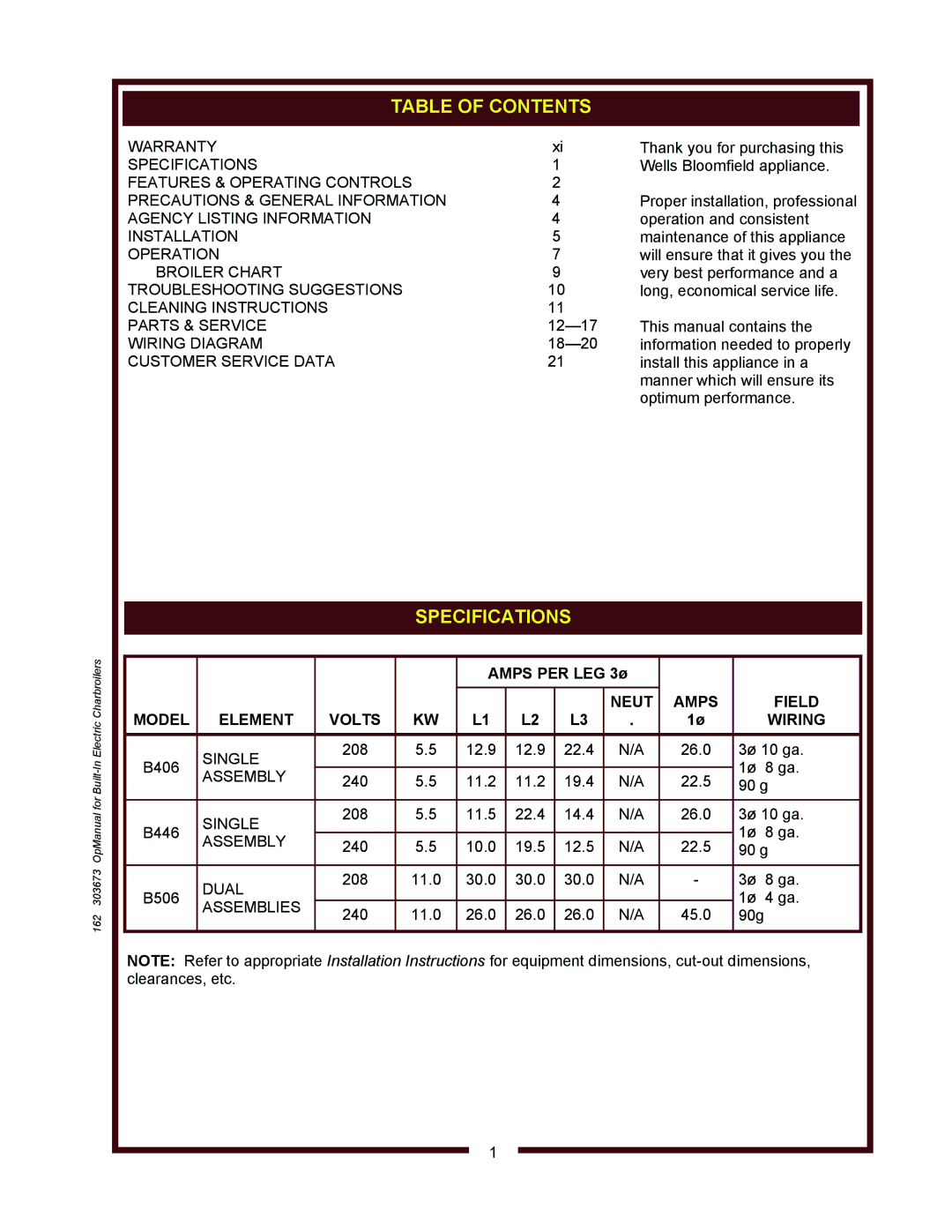 Wells B506, B406, B446 operation manual Customer Service Data, Neut Amps Field Model Element Volts Wiring 