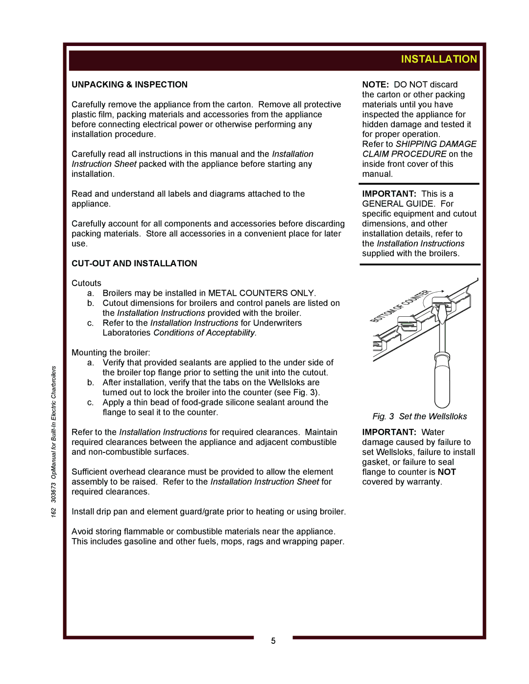 Wells B406, B506, B446 operation manual Unpacking & Inspection, CUT-OUT and Installation 