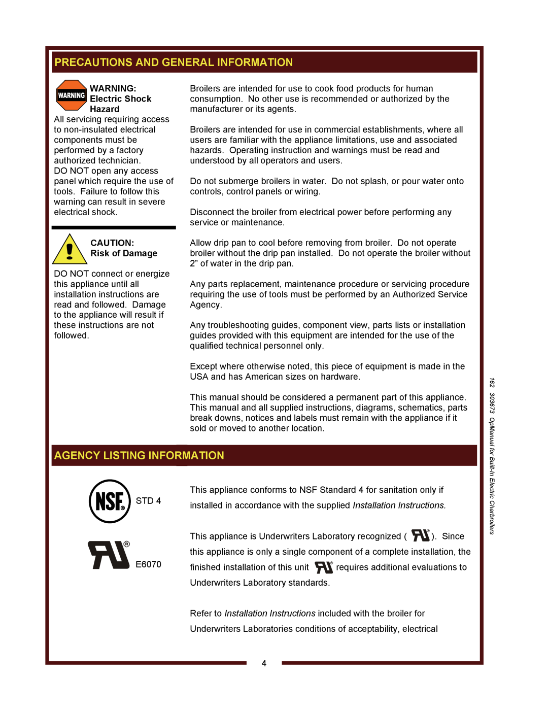 Wells B506, B406, B446 operation manual Agency Listing Information, Electric Shock Hazard, Risk of Damage 