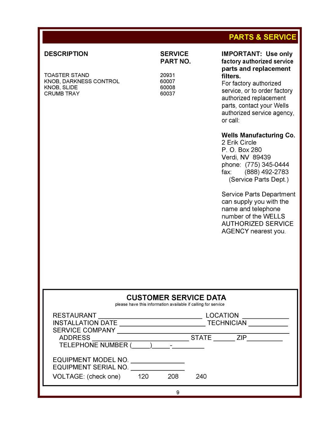 Wells T-4C, T-4C 15A, BT-4C operation manual Parts & Service, Description Service, Wells Manufacturing Co 