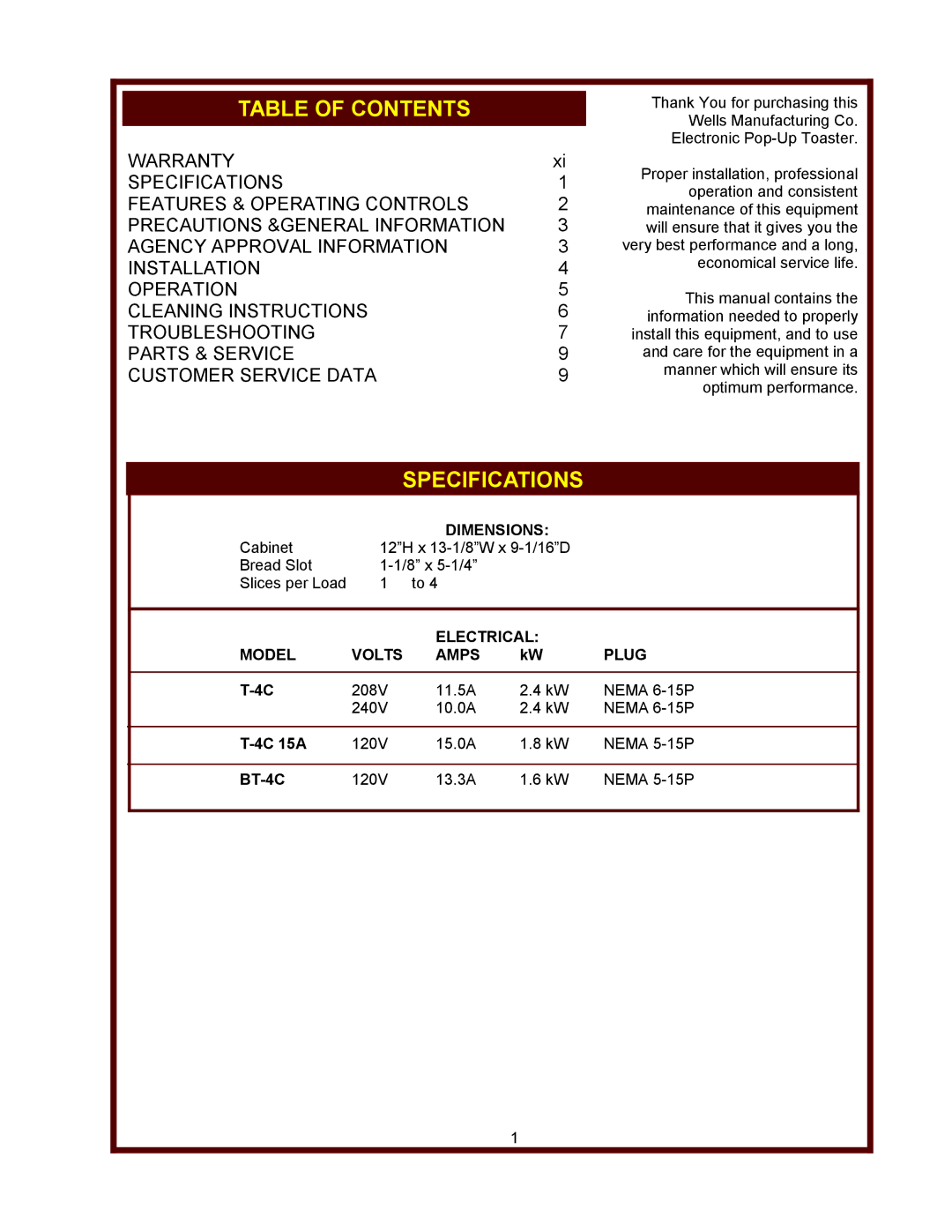 Wells T-4C, T-4C 15A, BT-4C operation manual Table of Contents, Specifications 