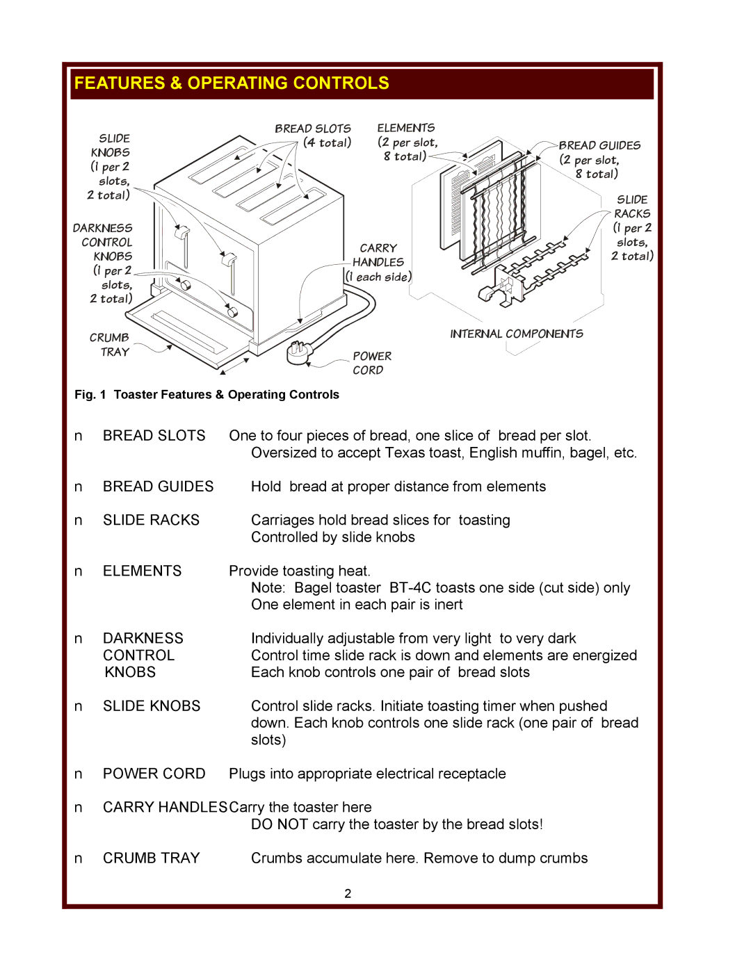 Wells BT-4C, T-4C, T-4C 15A operation manual Features & Operating Controls, Bread Slots 