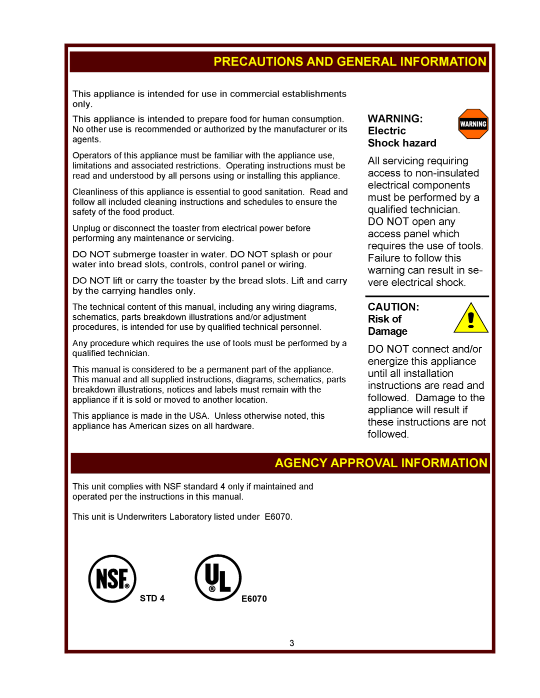 Wells T-4C, T-4C 15A Precautions and General Information, Agency Approval Information, Electric Shock hazard, Risk Damage 