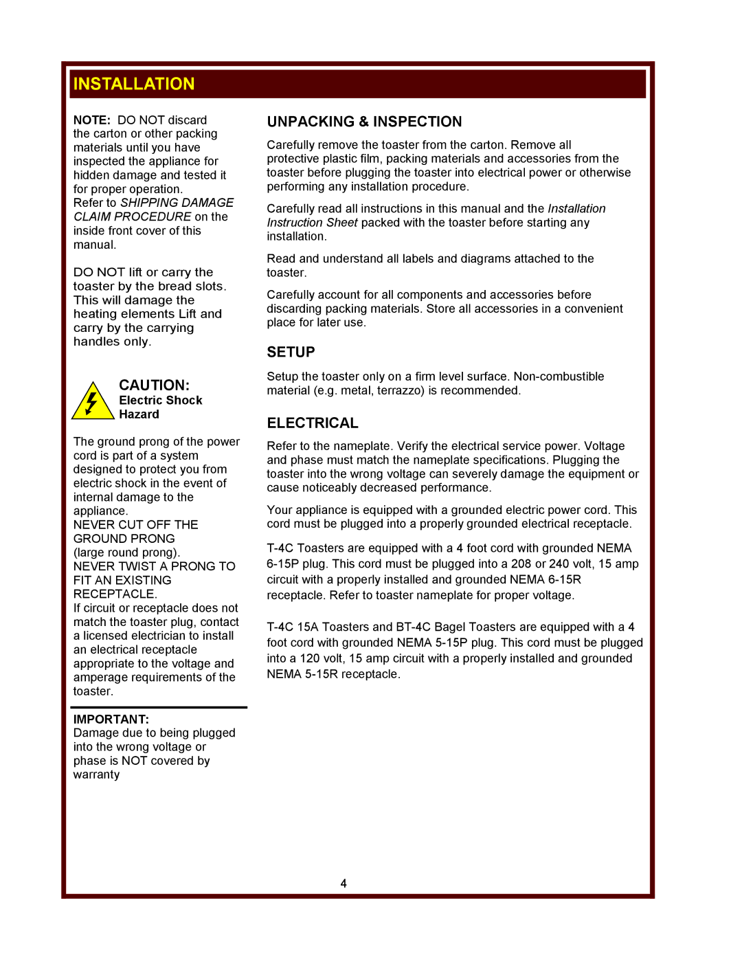 Wells BT-4C, T-4C, T-4C 15A operation manual Installation, Unpacking & Inspection, Setup, Electrical 