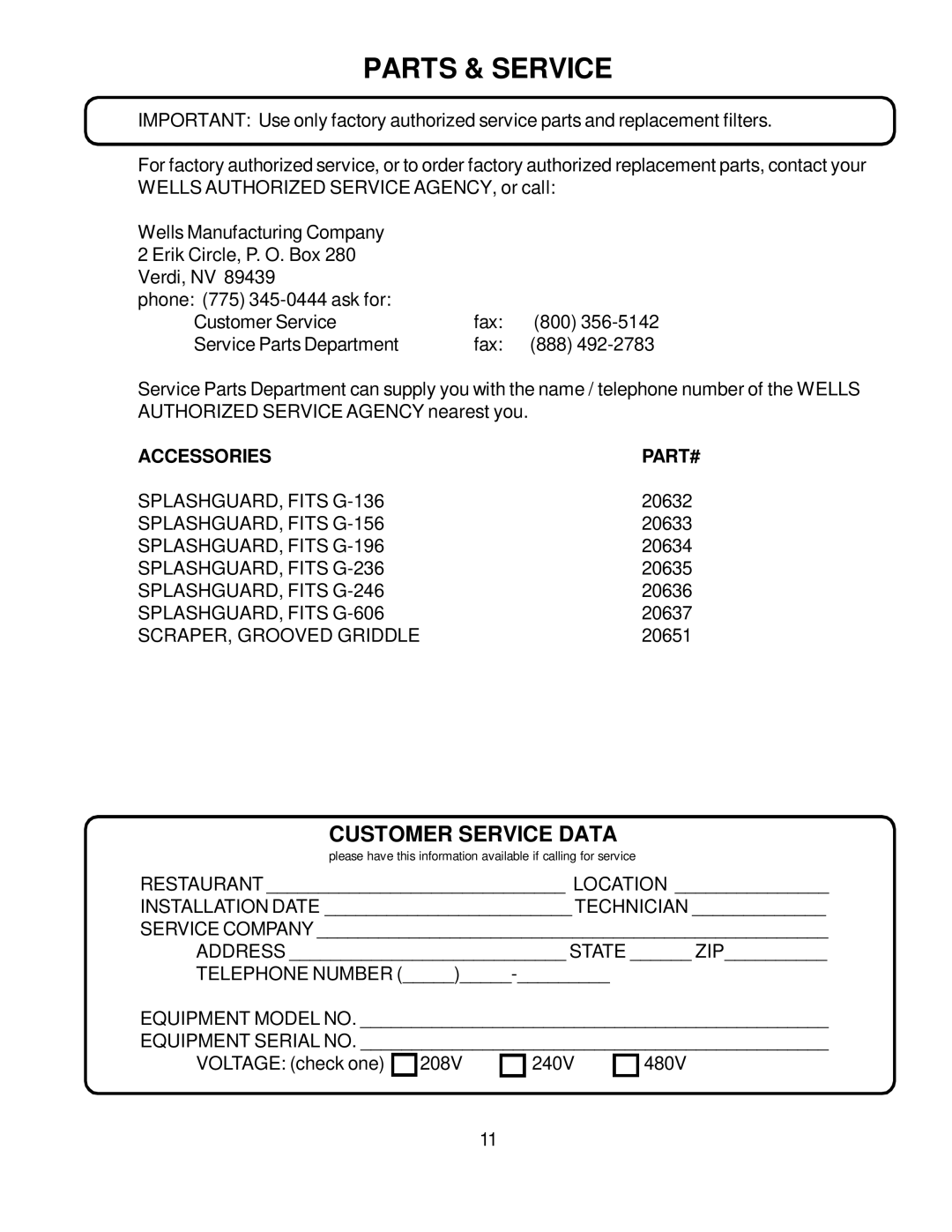 Wells Bulit-In Electric Griddles operation manual Parts & Service, Customer Service Data, Accessories 