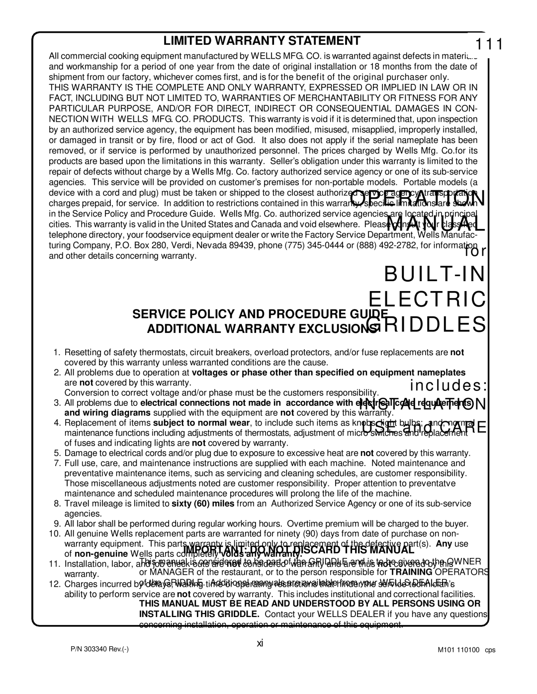 Wells Bulit-In Electric Griddles operation manual Limited Warranty Statement 