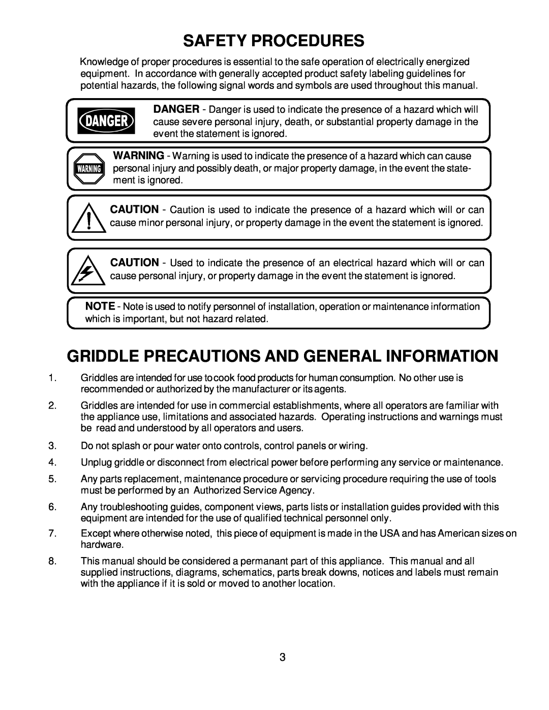 Wells Bulit-In Electric Griddles operation manual Safety Procedures, Griddle Precautions And General Information 