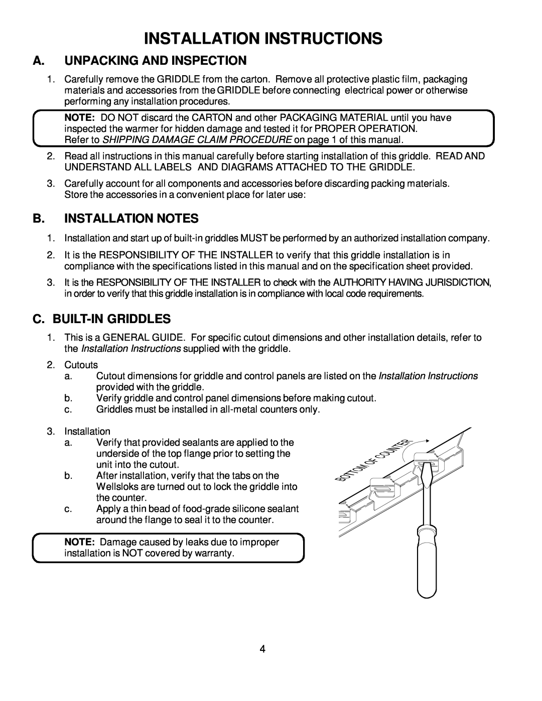 Wells Bulit-In Electric Griddles Installation Instructions, A.Unpacking And Inspection, B.Installation Notes 