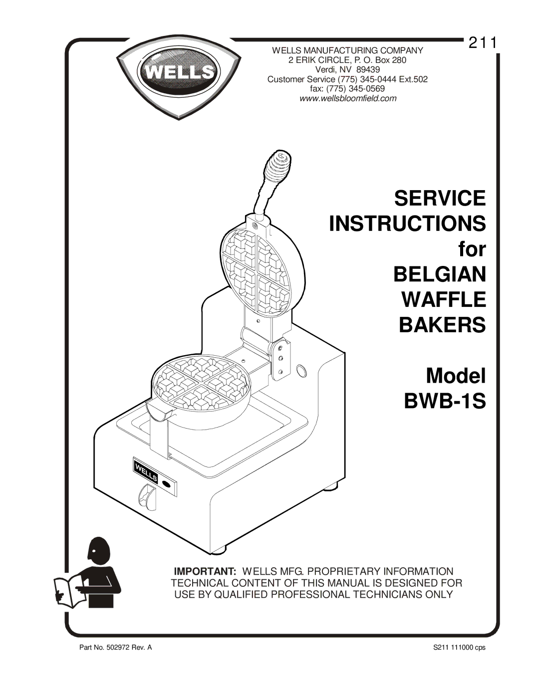 Wells BWB-1S manual Belgian Waffle Bakers 