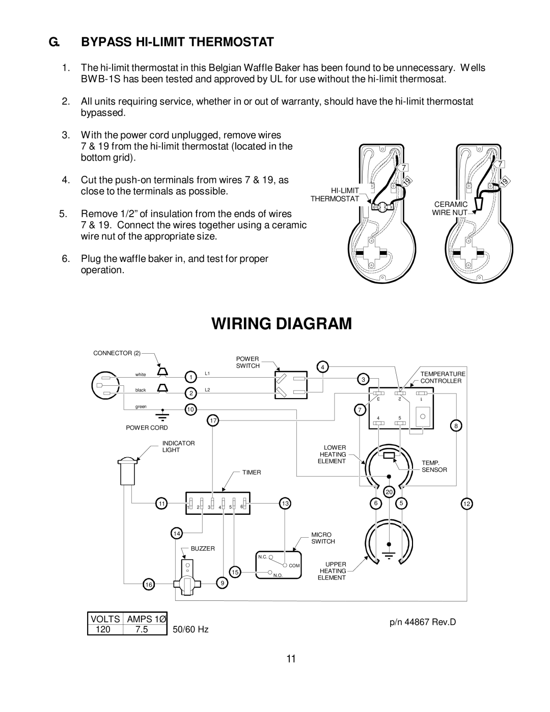 Wells BWB-1S manual Wiring Diagram, Bypass HI-LIMIT Thermostat 