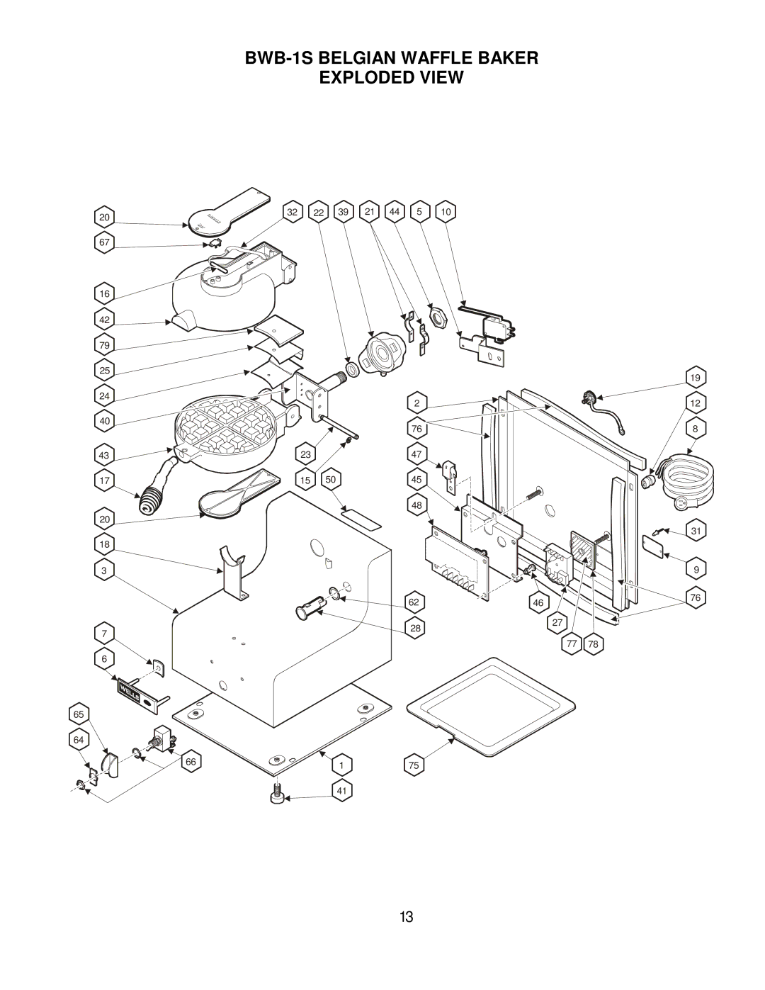 Wells manual BWB-1S Belgian Waffle Baker Exploded View 