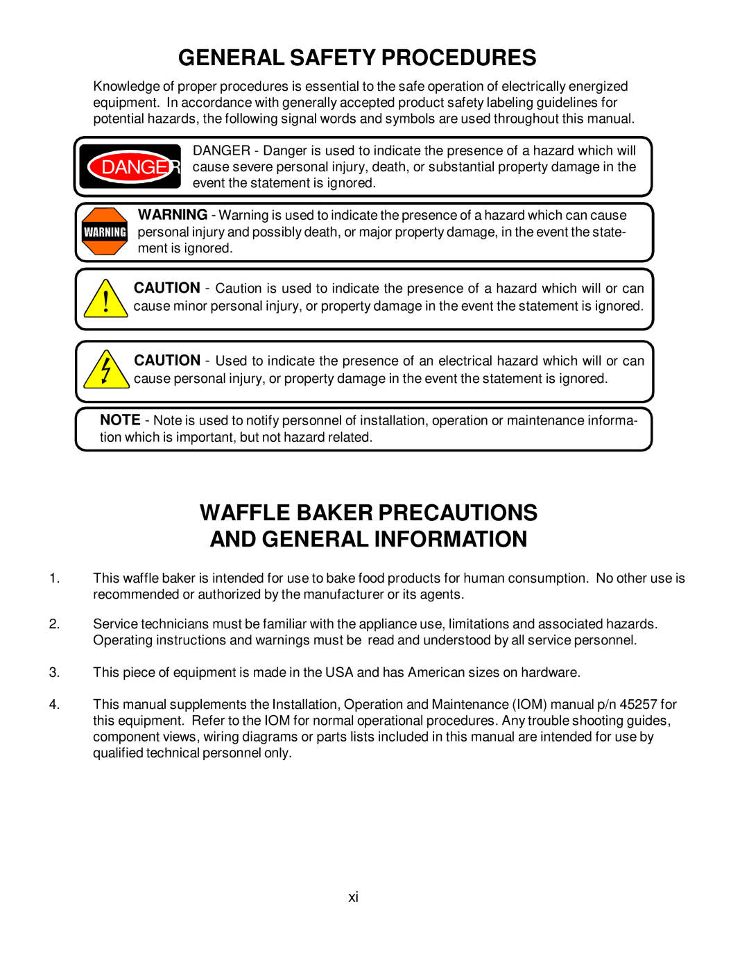 Wells BWB-1S manual General Safety Procedures, Waffle Baker Precautions General Information 