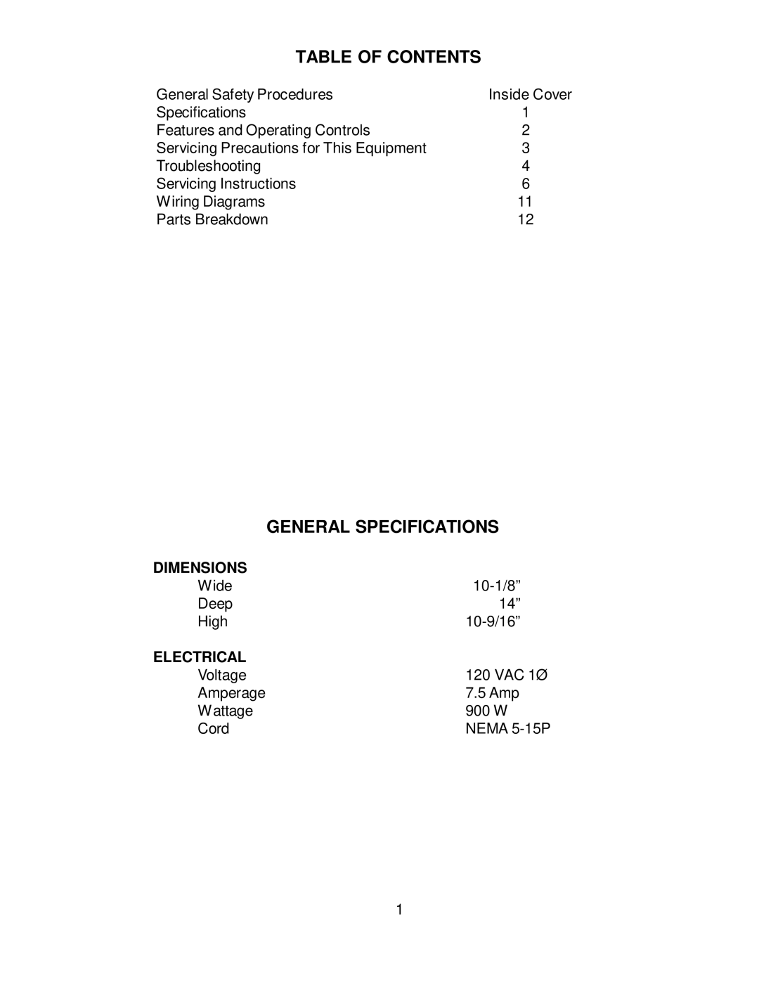 Wells BWB-1S manual Table of Contents, General Specifications 