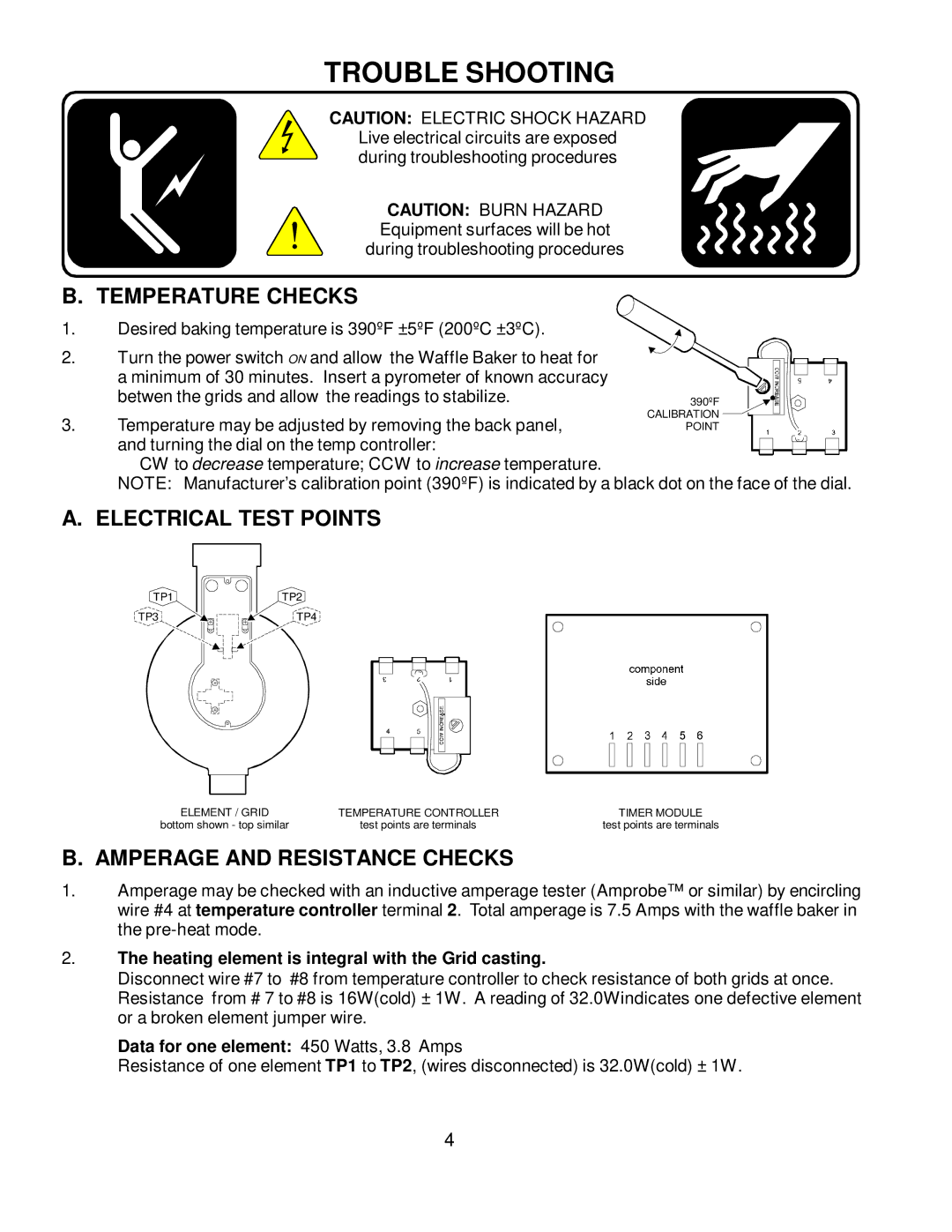 Wells BWB-1S manual Trouble Shooting, Temperature Checks, Electrical Test Points, Amperage and Resistance Checks 