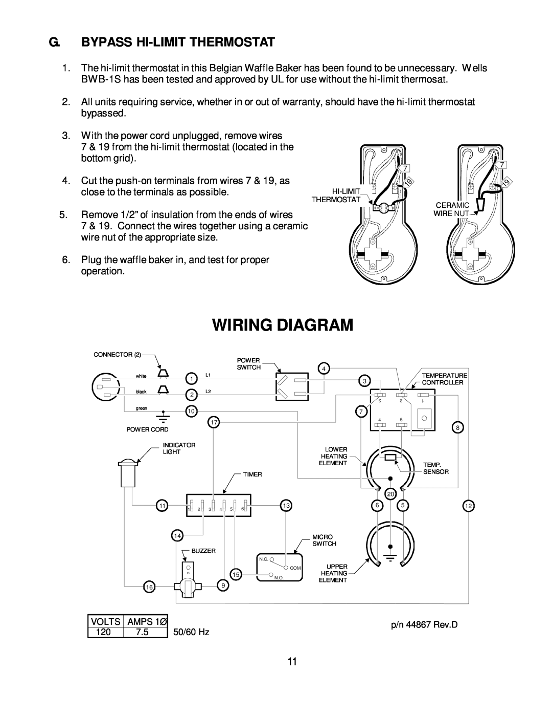 Wells BWB-1S manual Wiring Diagram, G.Bypass Hi-Limitthermostat 