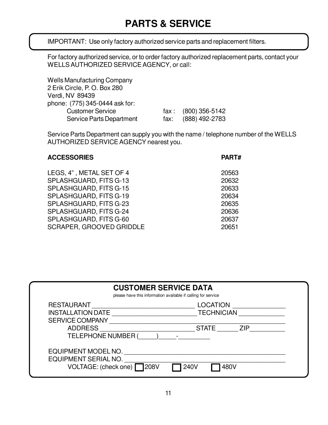 Wells Countertop Electric Griddles operation manual Parts & Service, Customer Service Data, Accessories 