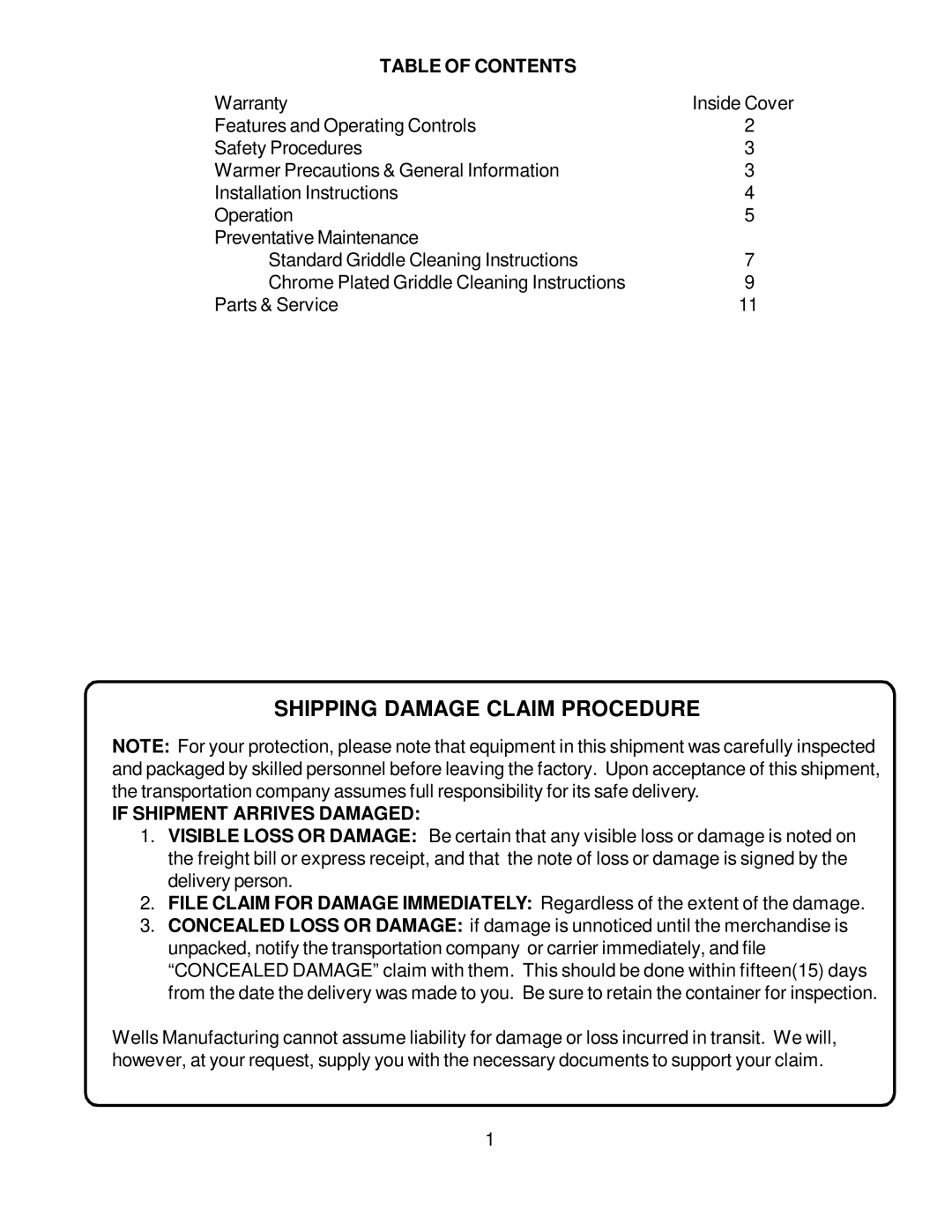 Wells Countertop Electric Griddles Shipping Damage Claim Procedure, Table of Contents, If Shipment Arrives Damaged 