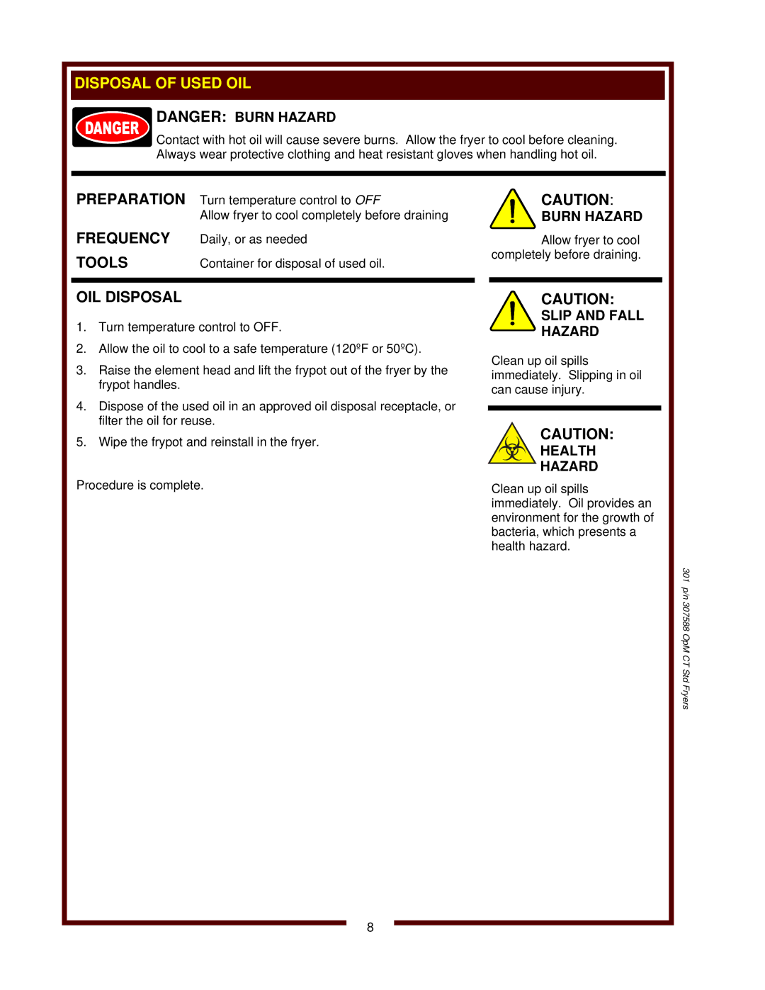 Wells F-14 operation manual OIL Disposal, Slip and Fall Hazard, Health Hazard 