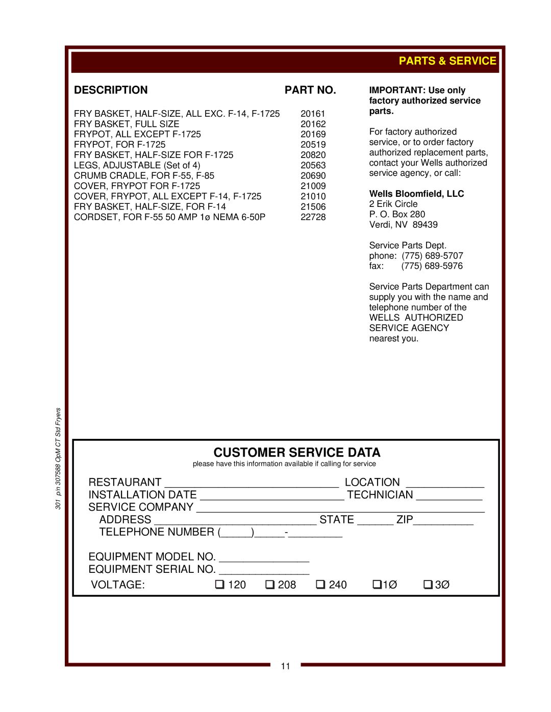 Wells F-14 operation manual Important Use only factory authorized service parts, Wells Bloomfield, LLC 