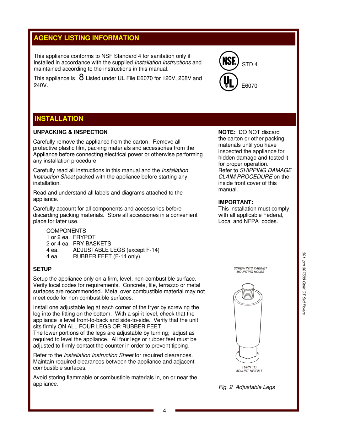 Wells F-14 operation manual Installation, Unpacking & Inspection, Setup 