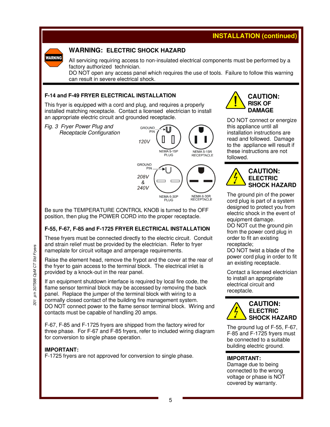 Wells F-14 operation manual Electric Shock Hazard, F-49 Fryer Electrical Installation 