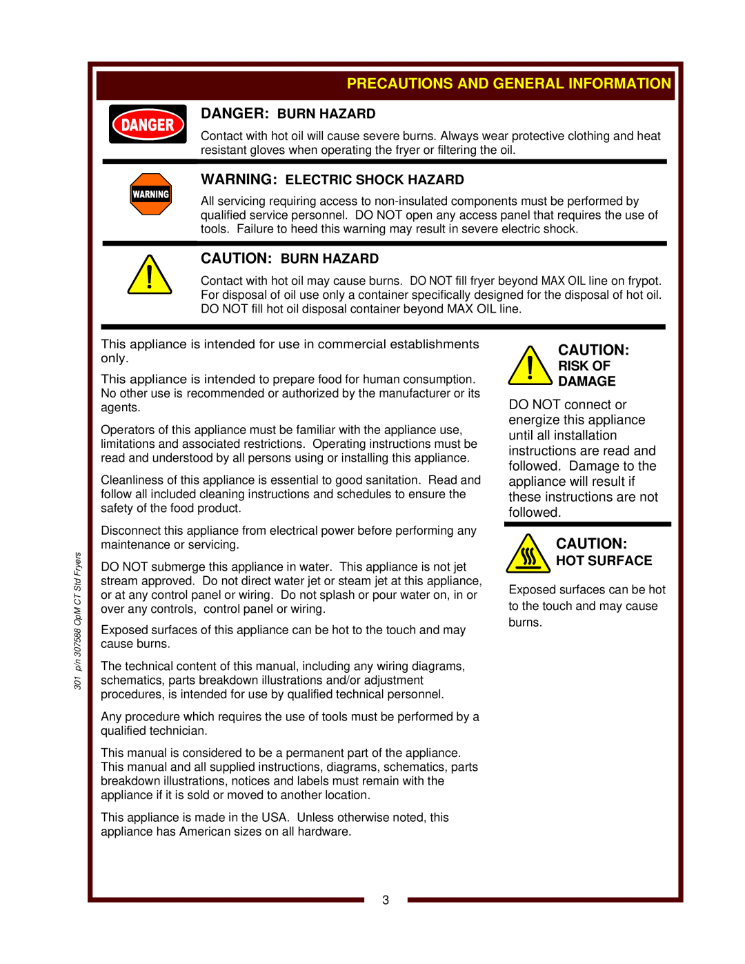 Wells F-14 Precautions And General Information, Danger Burn Hazard, Warning Electric Shock Hazard, Caution Burn Hazard 