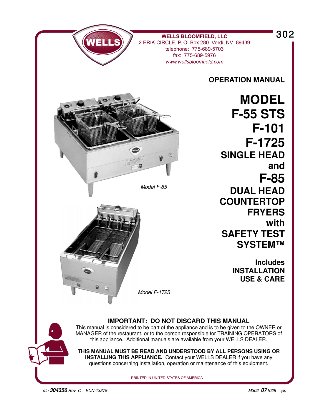 Wells F-101, F-1725, F-55 STS, F-85 operation manual Model, Important do not Discard this Manual 