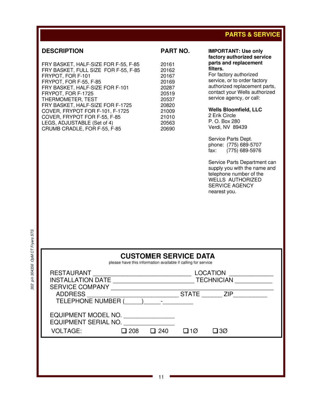 Wells F-101, F-1725, F-55 STS, F-85 operation manual Wells Bloomfield, LLC 