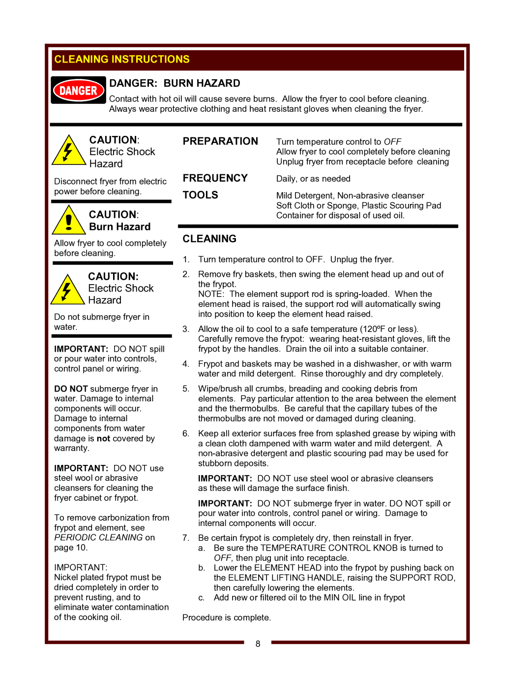 Wells F-55 STS, F-1725, F-101, F-85 operation manual Cleaning Instructions, Preparation, Frequency, Tools 