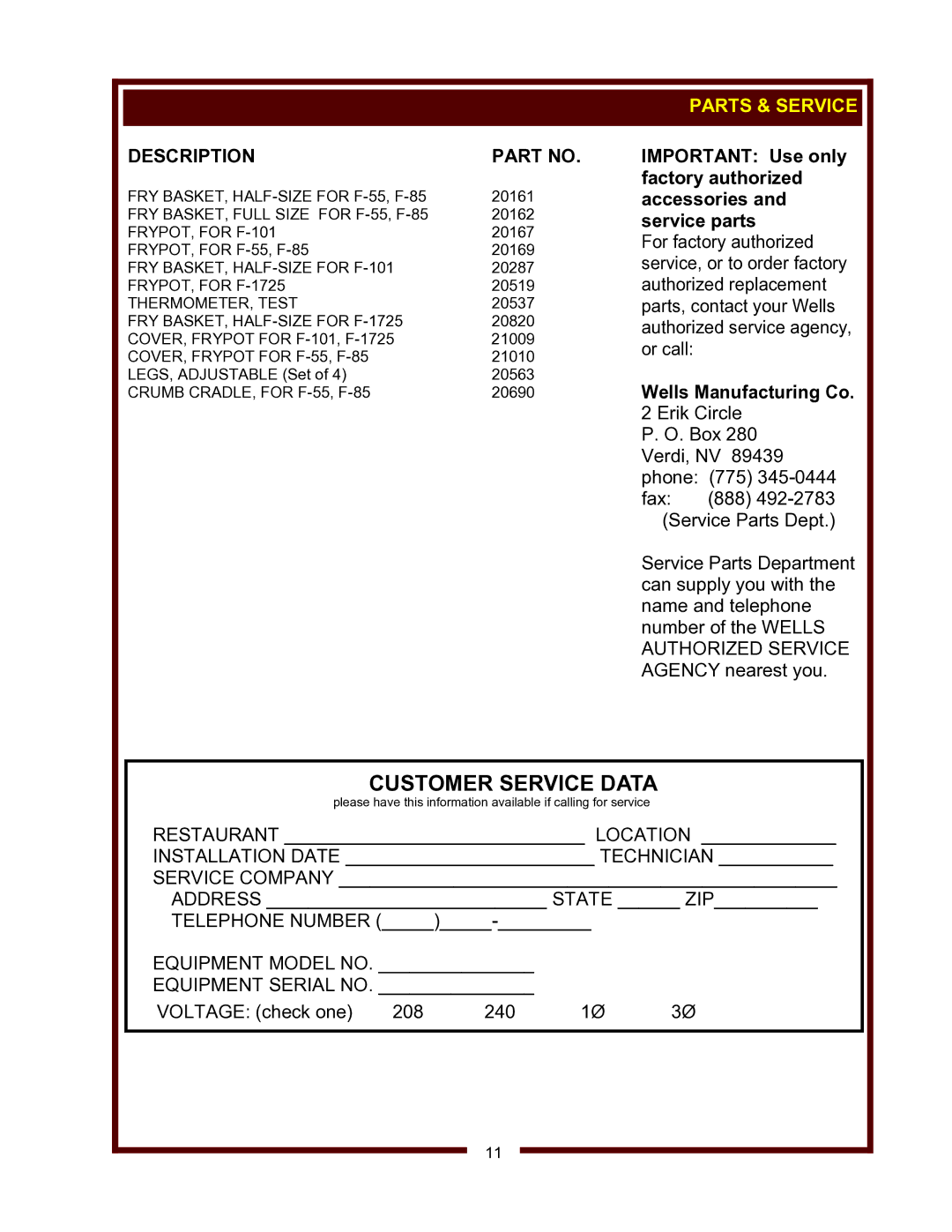 Wells F-101, F-1725, F-55 STS, F-85 operation manual Description, Parts & Service, Wells Manufacturing Co 