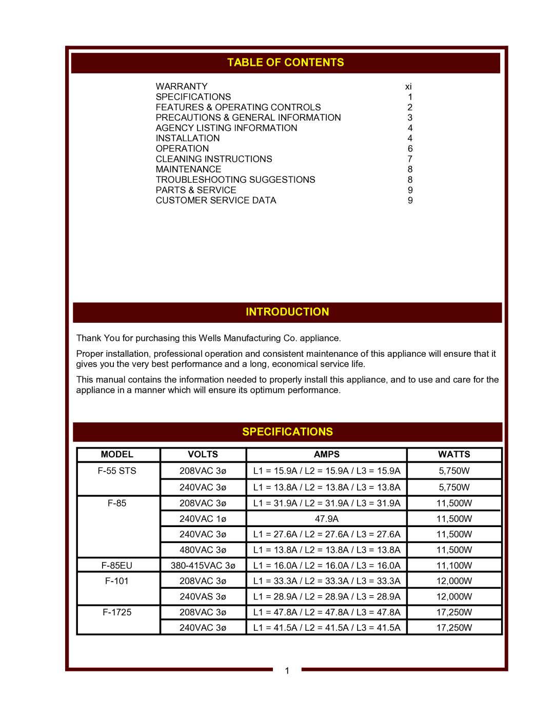 Wells F-85, F-1725, F-101, F-55 STS operation manual Table of Contents, Introduction, Specifications 