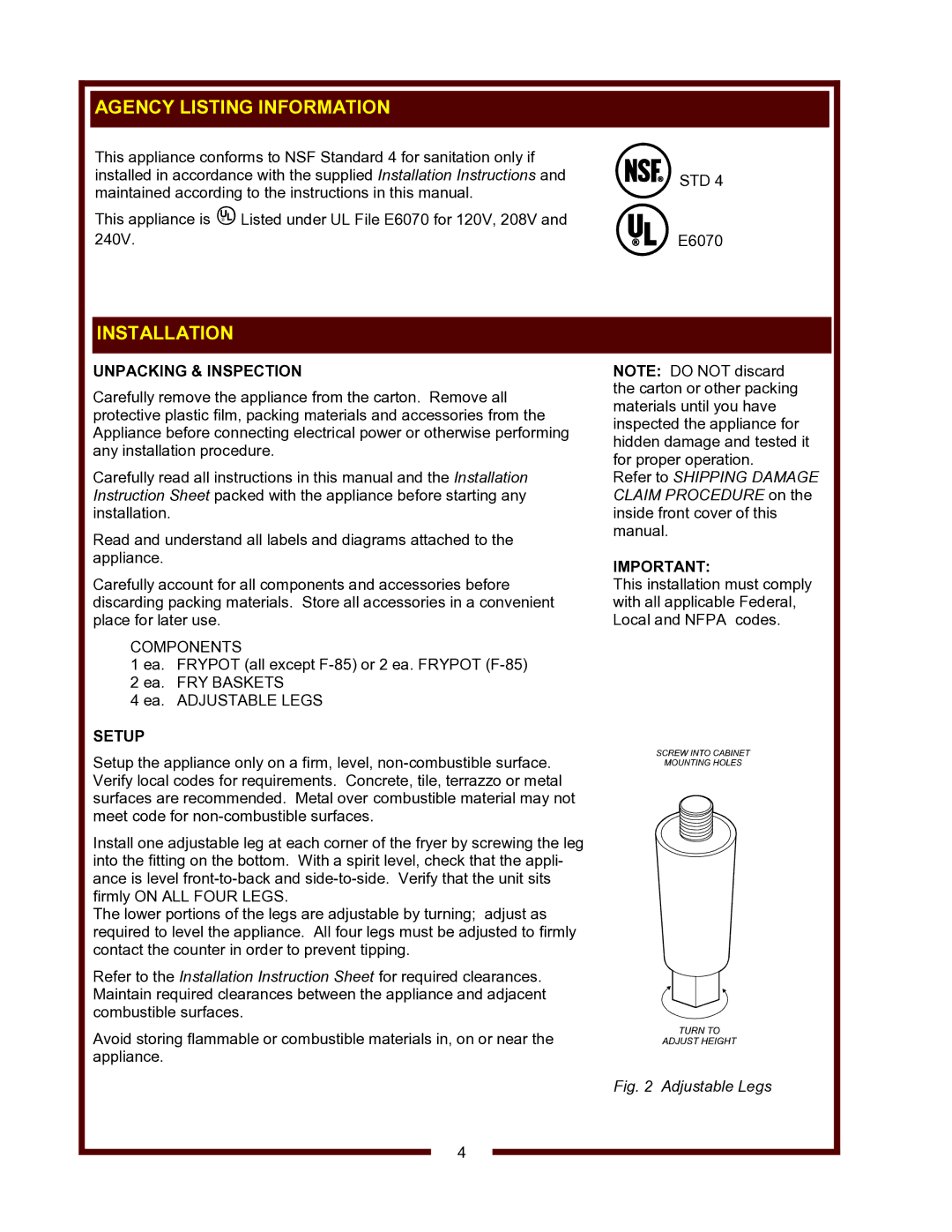 Wells F-55 STS, F-1725, F-101, F-85 operation manual Agency Listing Information, Installation, Unpacking & Inspection, Setup 