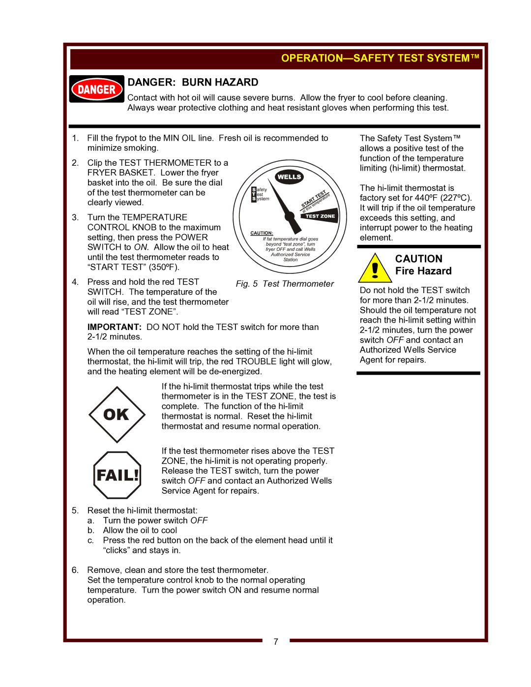 Wells F-101, F-1725, F-55 STS, F-85 operation manual OPERATION-SAFETY Test System, Fire Hazard 