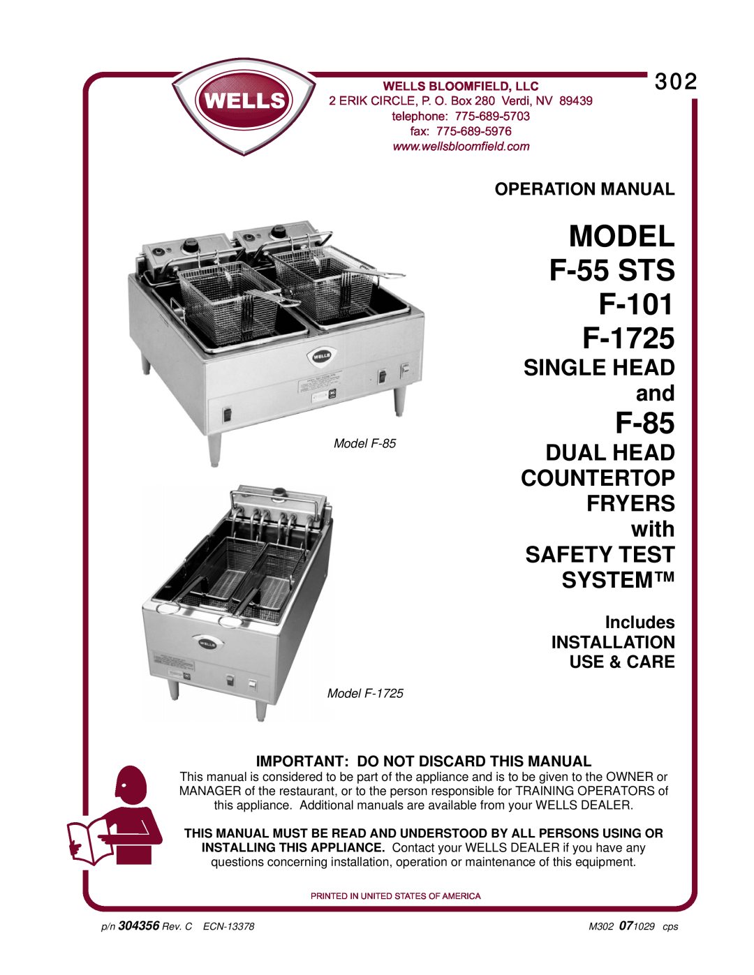 Wells operation manual Important Do Not Discard This Manual, MODEL F-55STS F-101 F-1725, F-85, SINGLE HEAD and, fax 