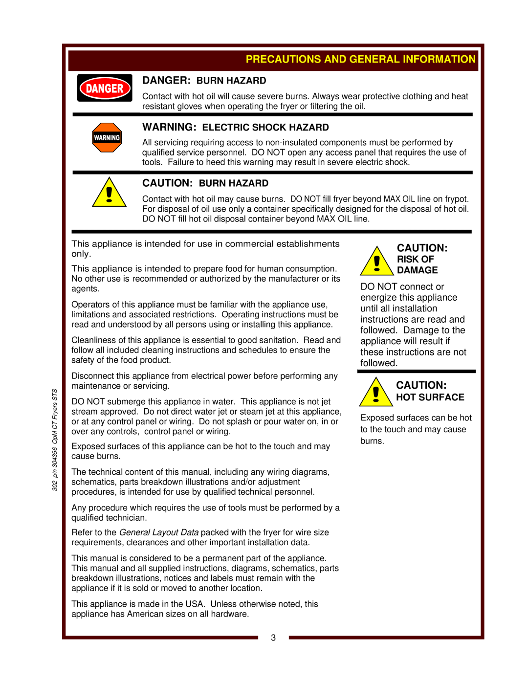 Wells F-101 Precautions And General Information, Danger Burn Hazard, Warning Electric Shock Hazard, Caution Burn Hazard 