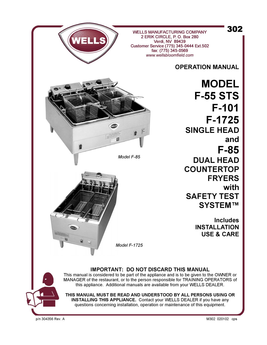 Wells operation manual Includes, Important Do Not Discard This Manual, MODEL F-55STS F-101 F-1725, F-85, Verdi, NV, fax 
