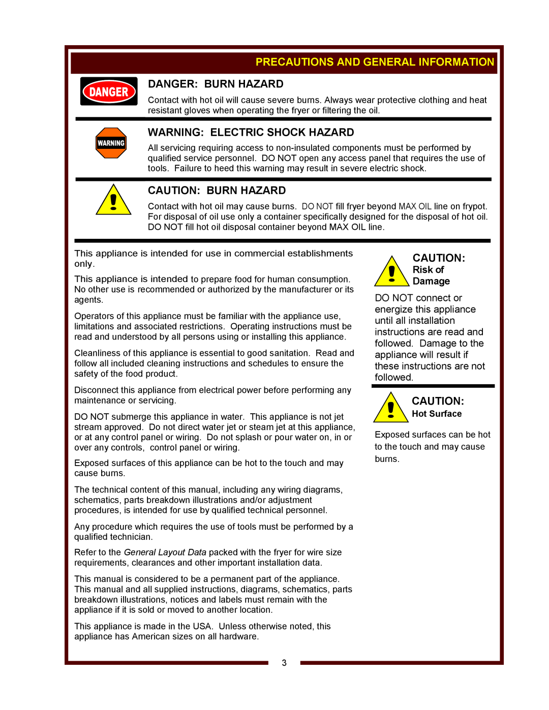 Wells F-101 Precautions And General Information, Danger Burn Hazard, Warning Electric Shock Hazard, Caution Burn Hazard 