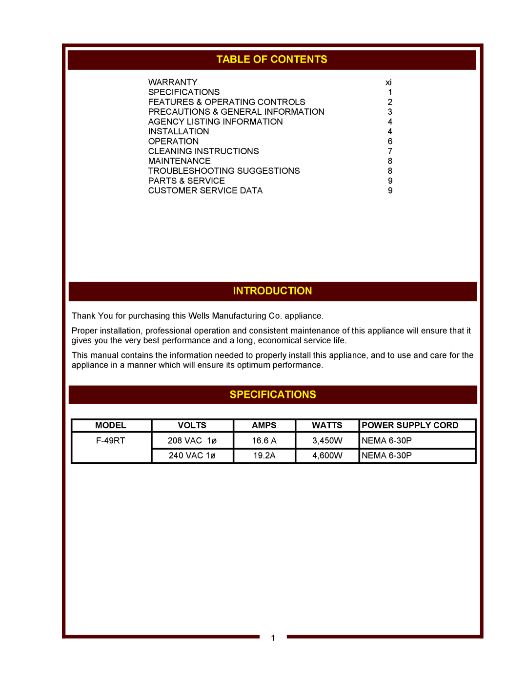 Wells F-49RT operation manual Table of Contents, Introduction, Specifications 