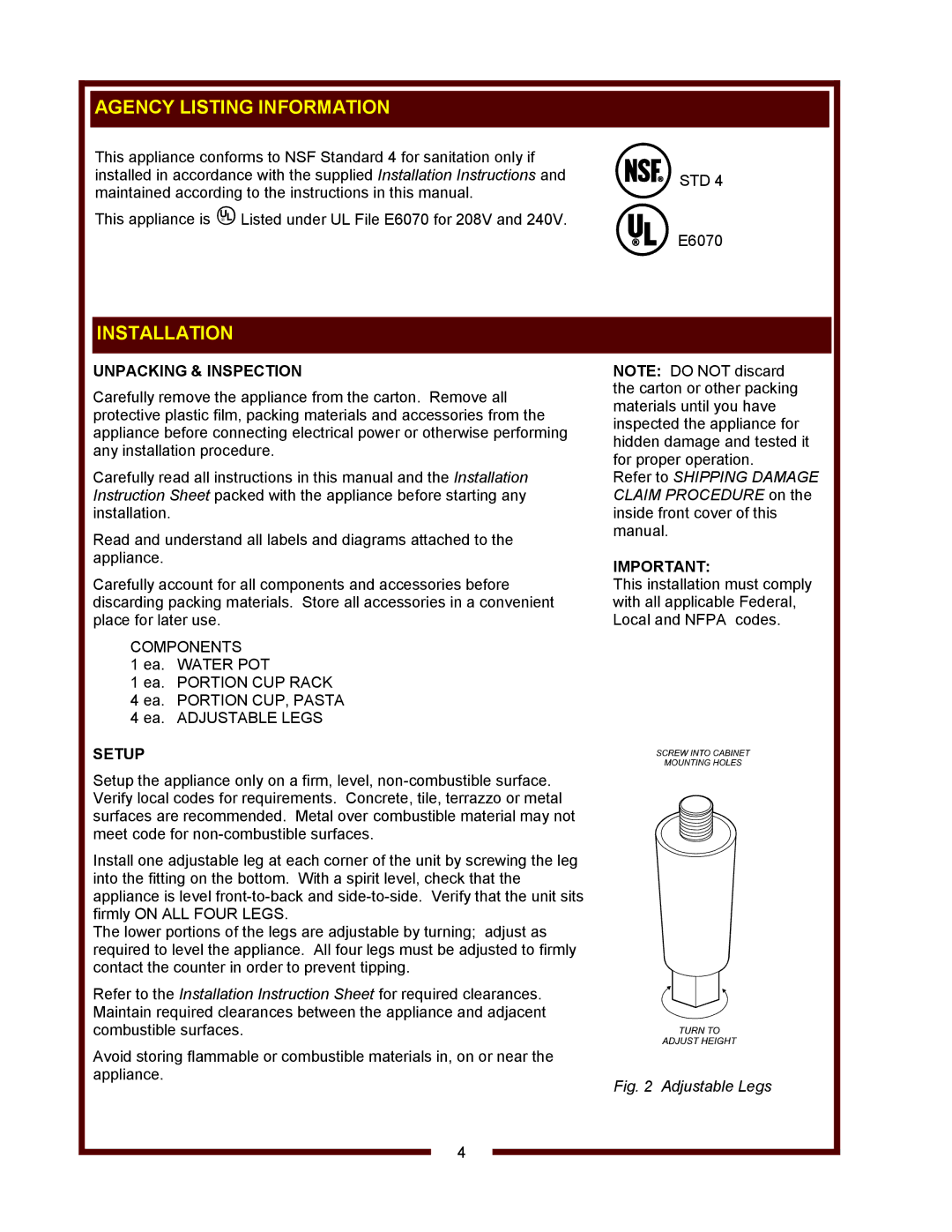 Wells F-49RT operation manual Agency Listing Information, Installation, Unpacking & Inspection, Setup 