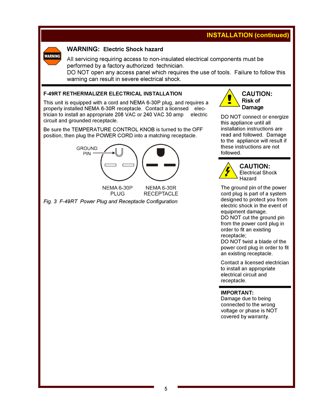 Wells F-49RT operation manual 49RT Rethermalizer Electrical Installation 