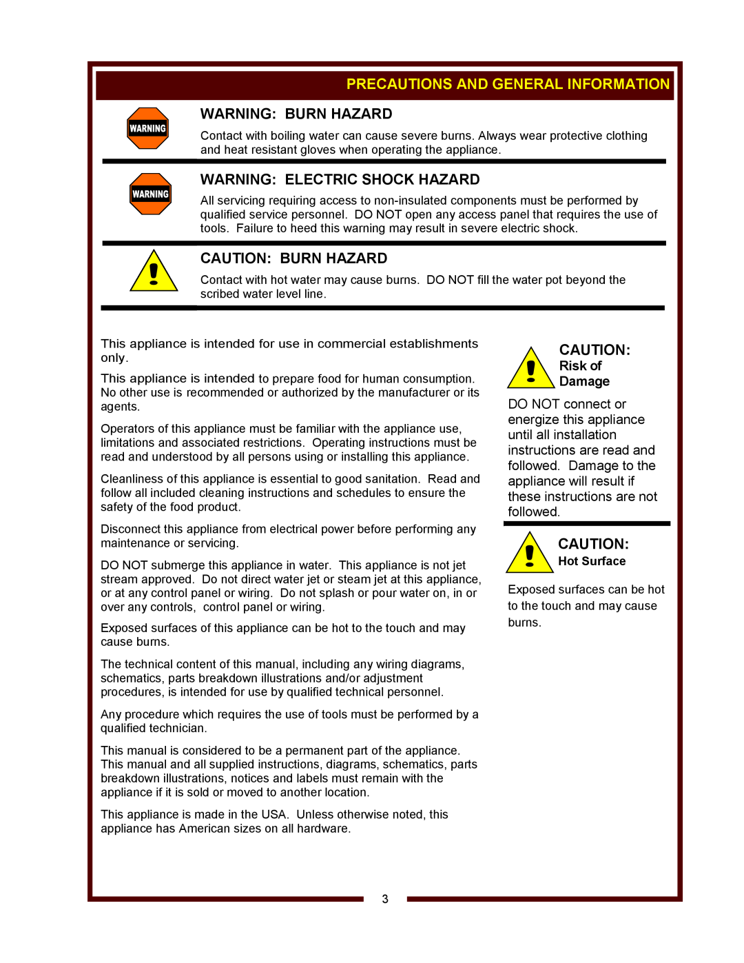 Wells F-49RT Precautions And General Information, Warning Burn Hazard, Warning Electric Shock Hazard, Caution Burn Hazard 