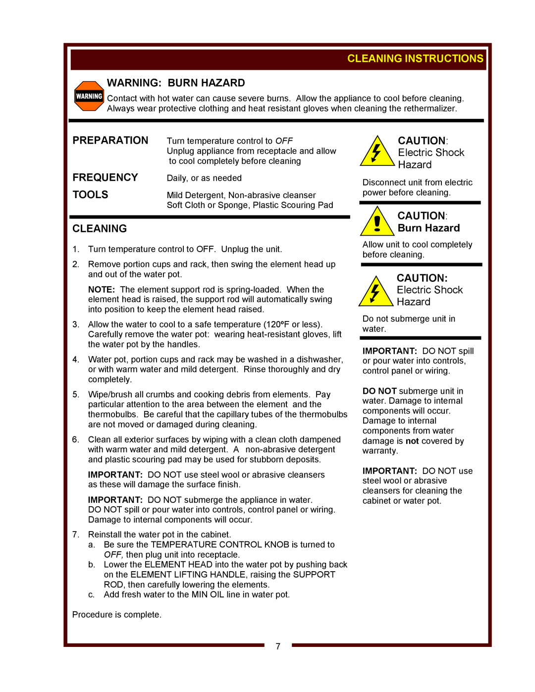 Wells F-49RT operation manual Cleaning Instructions, Preparation, Frequency, Tools, Warning Burn Hazard 