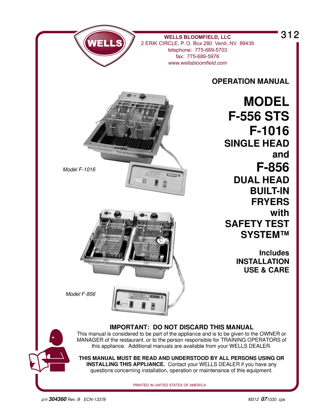 Wells F-1016, F-556 STS operation manual 856, Important do not Discard this Manual 