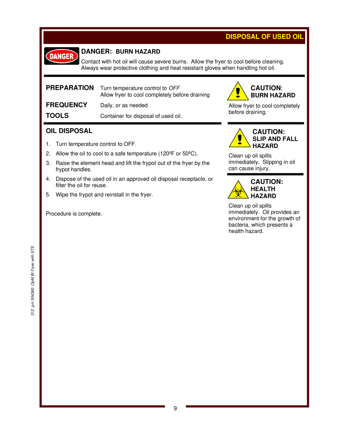 Wells F-1016, F-556 STS operation manual OIL Disposal, Slip and Fall Hazard, Health Hazard 