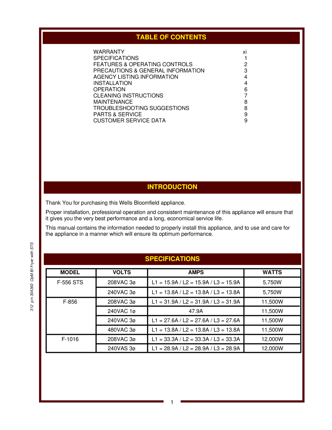 Wells F-1016, F-556 STS operation manual Introduction Specifications 