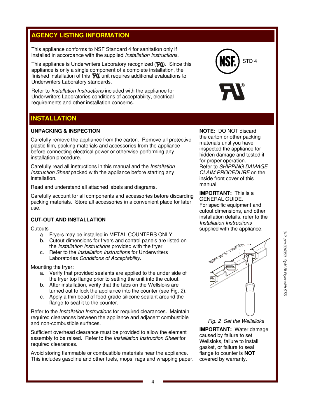 Wells F-556 STS, F-1016 operation manual Unpacking & Inspection, CUT-OUT and Installation 