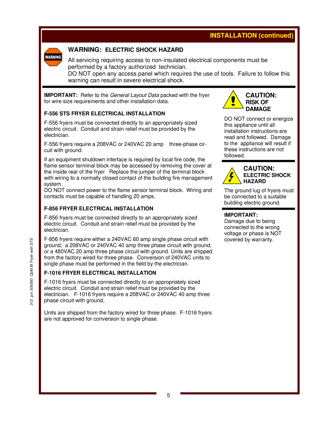 Wells F-1016, F-556 STS operation manual STS Fryer Electrical Installation, Electric Shock Hazard 