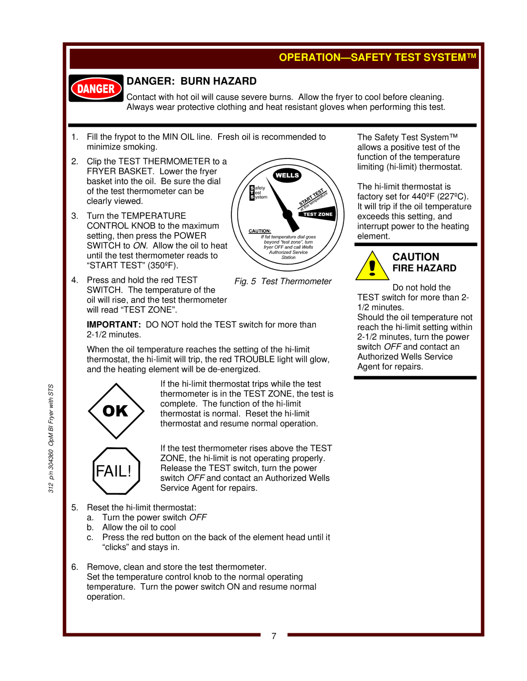 Wells F-1016, F-556 STS operation manual OPERATION-SAFETY Test System, Fire Hazard 