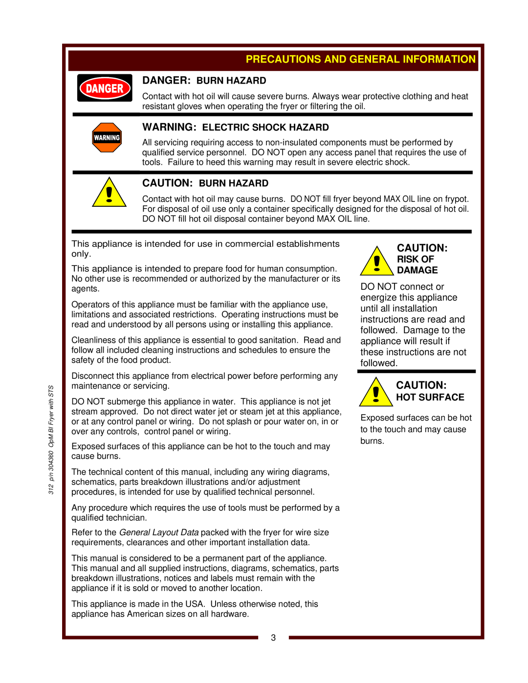 Wells F-1016 Precautions And General Information, Danger Burn Hazard, Warning Electric Shock Hazard, Caution Burn Hazard 