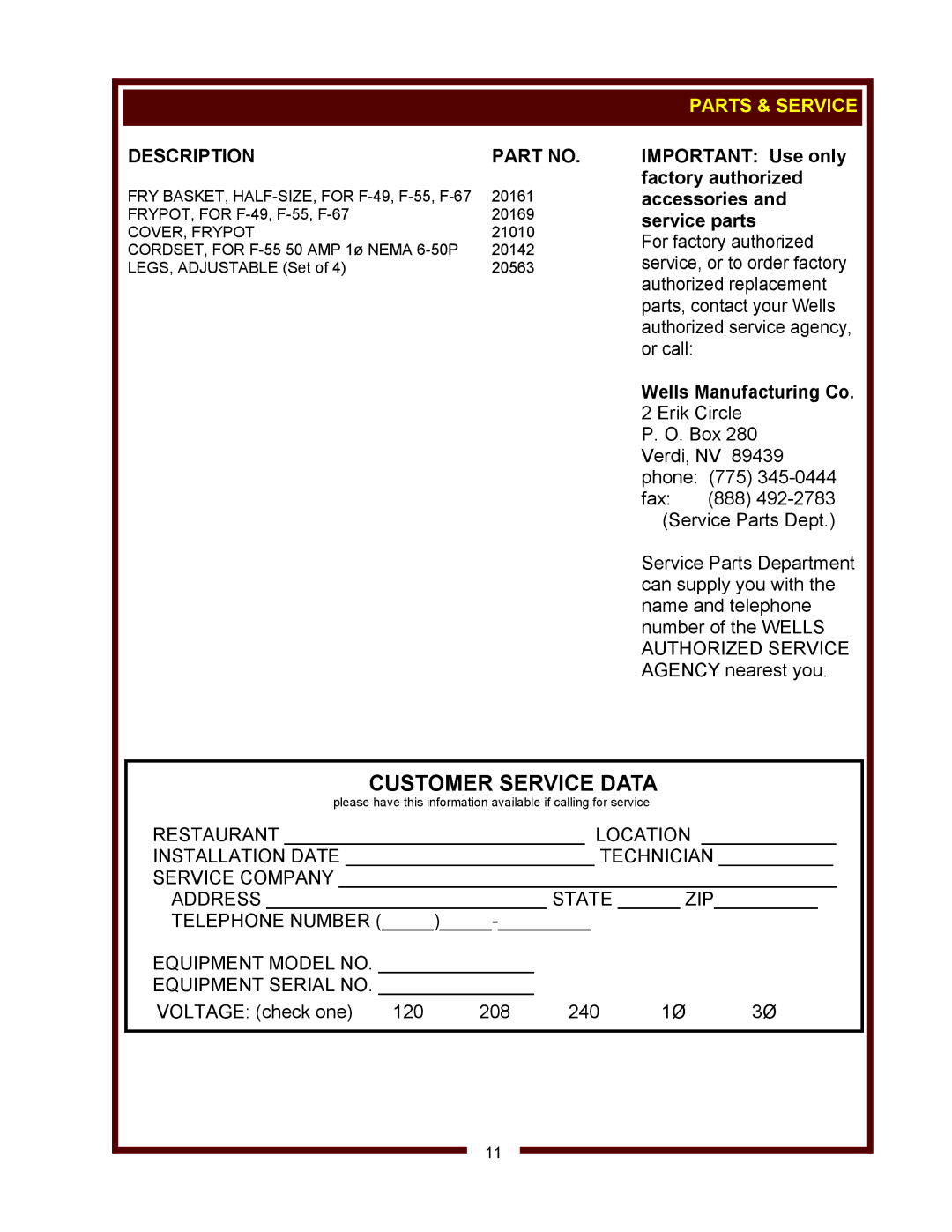 Wells F-55, F-67, F-49 operation manual Description, Parts & Service, Wells Manufacturing Co 